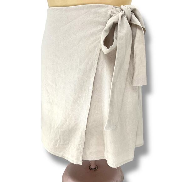 FOREVER 21 Linen Blend Faux Wrap Skirt Side Tie  XS Neutral Minimalist Preppy - Picture 2 of 7